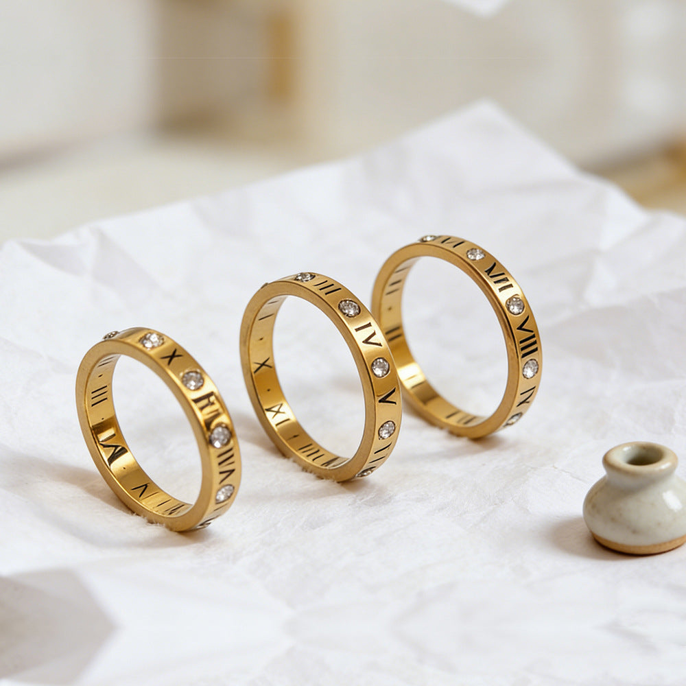 Stainless Steel Female Style Personality Roman Numerals Golden Smooth Rings