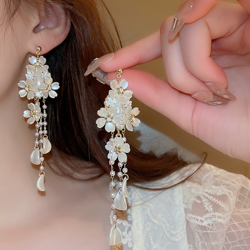 Needle High-grade Flower Tassel Pearl French Fashion Earrings