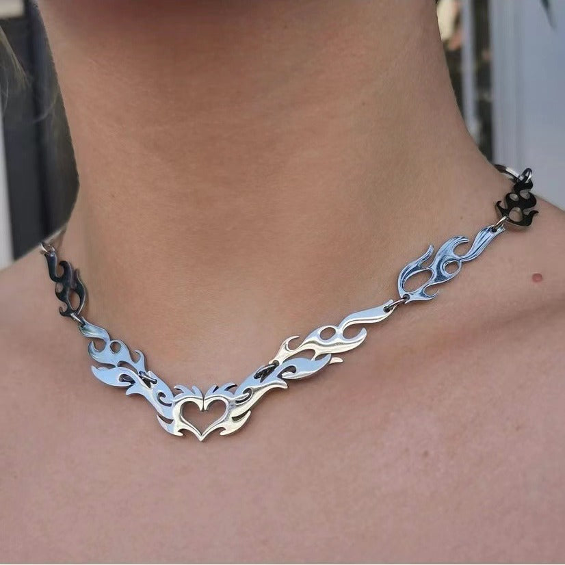Fashion Punk Hollow Heart Hip Hop Flame Necklace