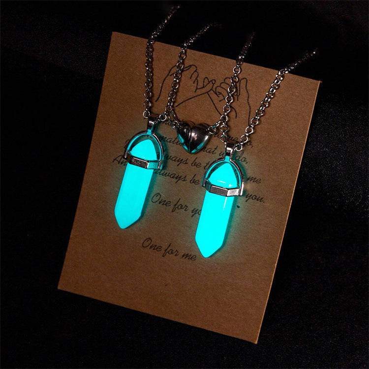 Luminous Hexagon Prism Natural Stone Heart Couple Necklaces