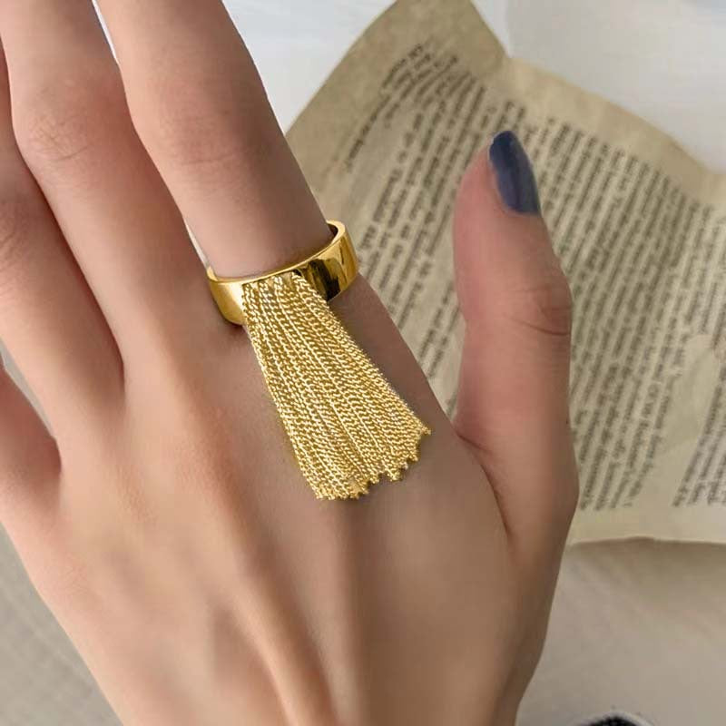 Sier Simple Tassel Long Chain Female Fashion Niche Geometric Ring