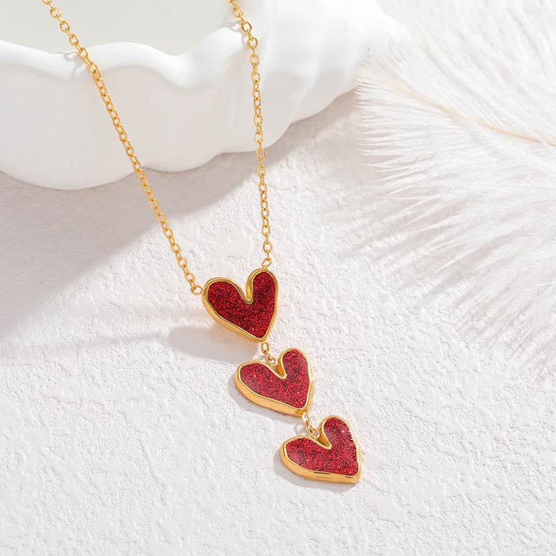 Style Elegant Graceful Wine Red Heart Ear Suit Female Jewelry Set