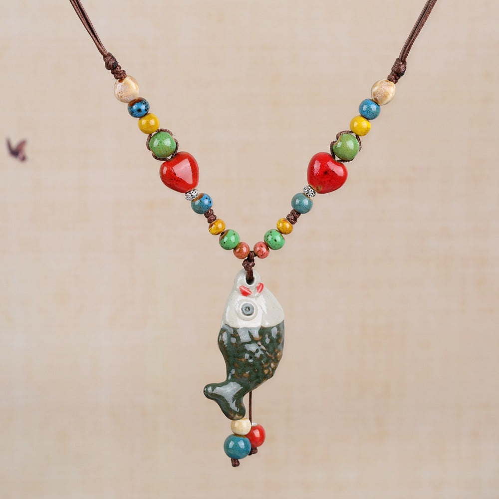 Women's Retro Ethnic Style Ceramic Butterfly Bell Fashionable Necklace
