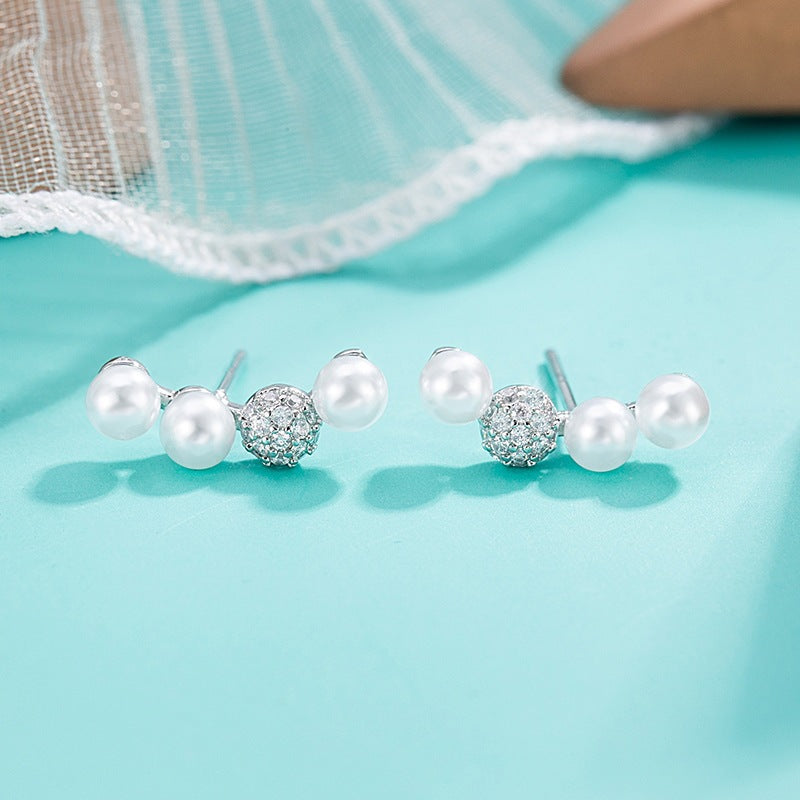 Women's Luxury Small Micro Inlaid Pearls Zircon Smile Stud Earrings