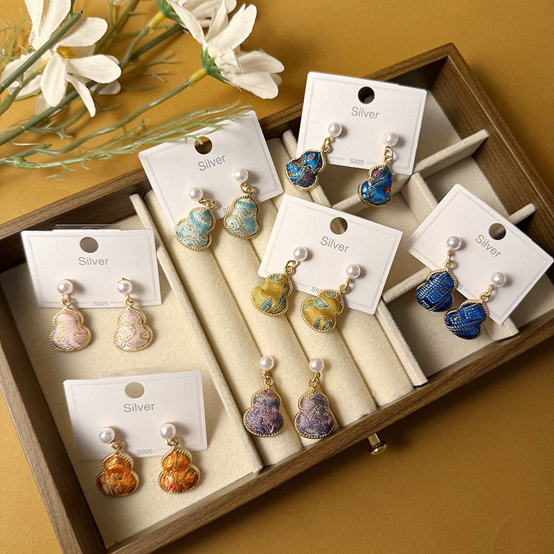 Women's Dynasty Brocade Gourd For Sier Needle Pearl Earrings