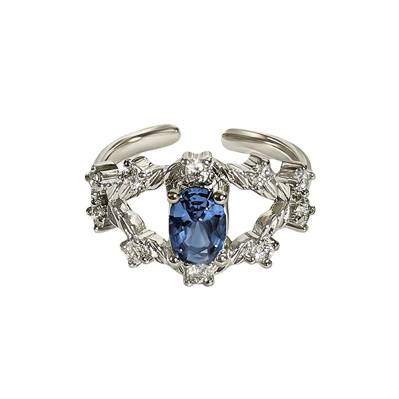 Cool Blue Zircon With Diamond Heart-shaped Oval Open Niche High Ring