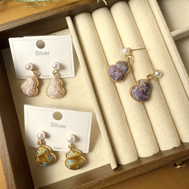Women's Dynasty Brocade Gourd For Sier Needle Pearl Earrings