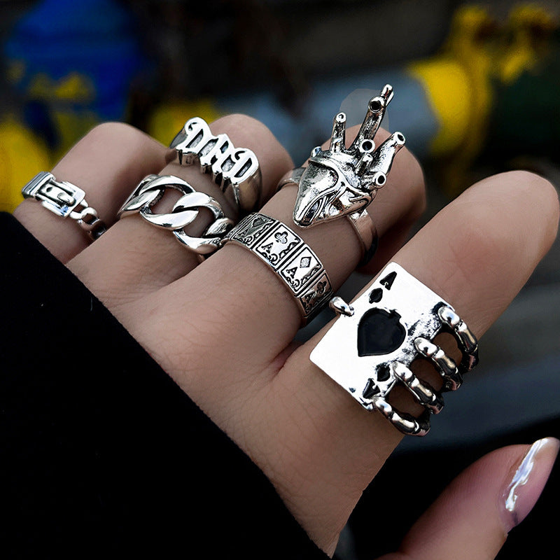 Alloy Chain Vintage Crying Face Poker Hollow Love Ring