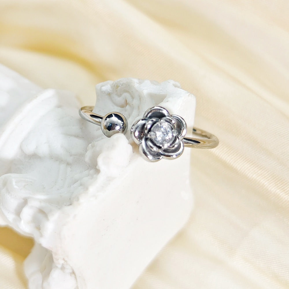 Women's Steel Korean Style Simple Light Luxury Rose Diamond Graceful Flower Ring