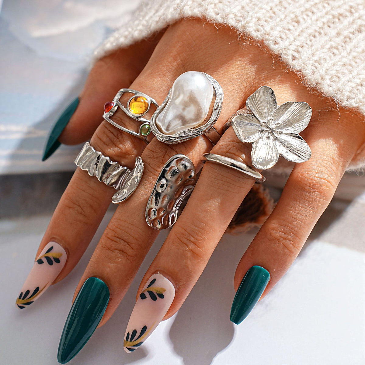 Flower Open Baroque Imitation Pearl Inlaid Rings