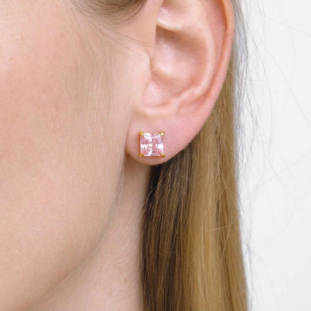 Women's Simple Fashion Square Color Zirconium Stainless Steel Vacuum Gold-plated Earrings