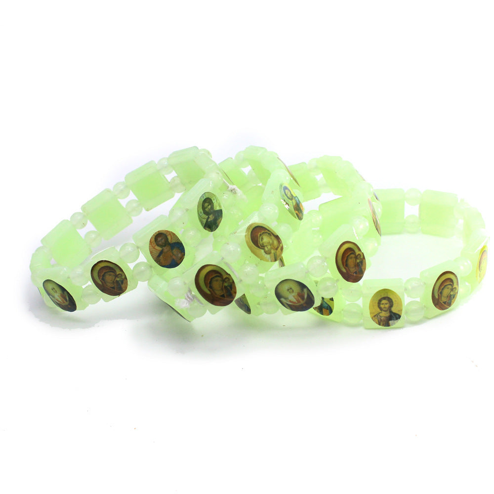 Luminous Fluorescent Green Rosary Unisex Elastic Bracelet