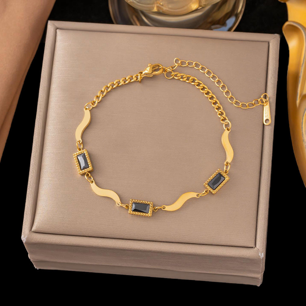 Birthday Crystal Stone Ocean Wave Titanium Steel Square Bracelet