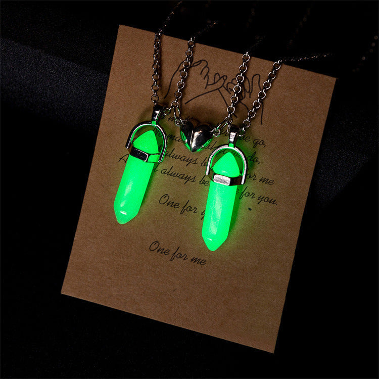 Luminous Hexagon Prism Natural Stone Heart Couple Necklaces