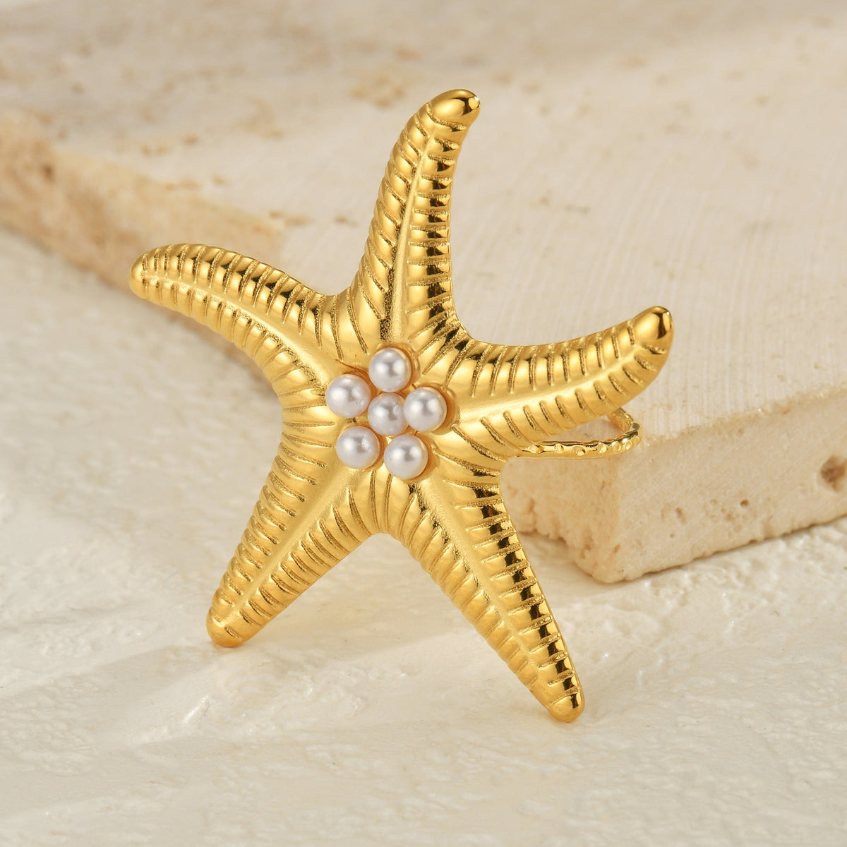 Women's Fashion Trend Stainless Steel Starfish Pearl Opening Exaggerated Design Rings