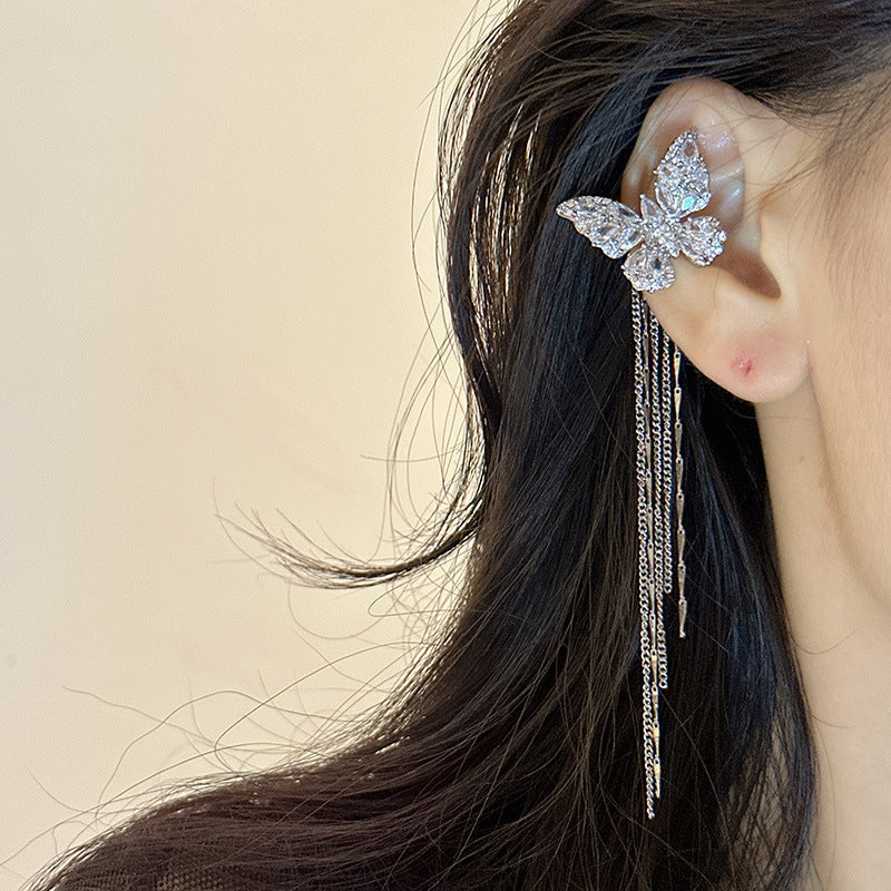 Long Butterfly Tassel Ear Clip Without Pierced Female High Rings