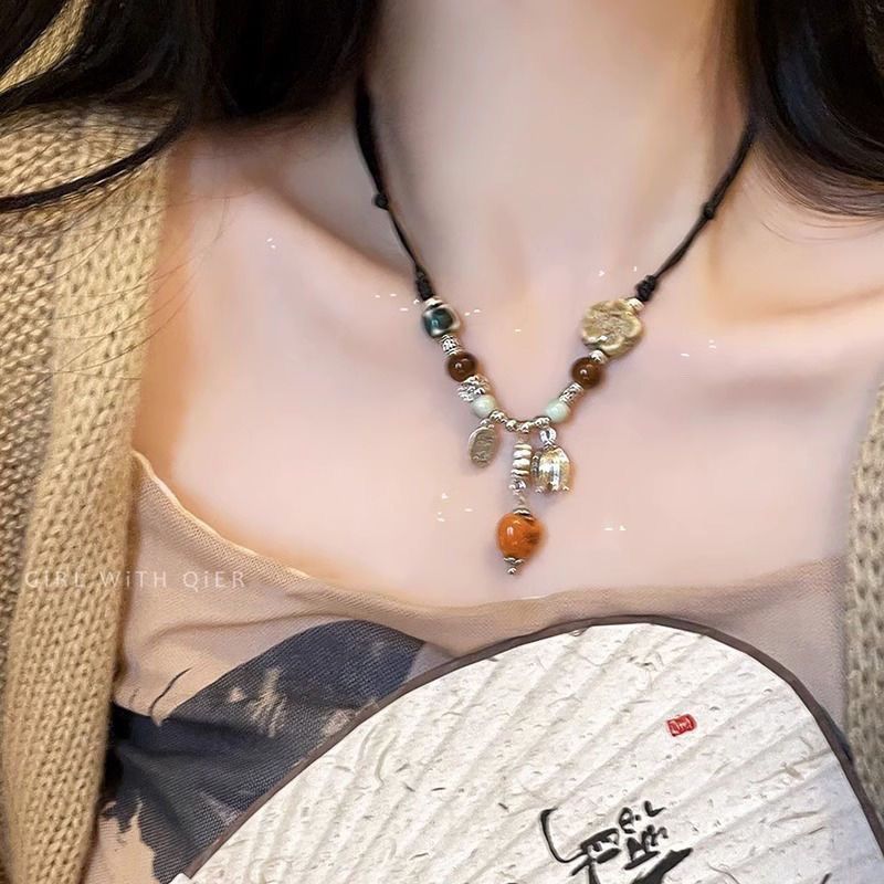 Women's Style Handmade Braid Rope Ceramic Beaded Fashion Long Necklace