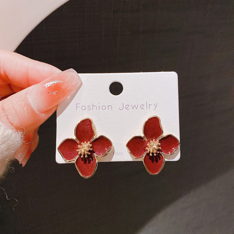 Roselle French Style Retro Drip Glazed Red Flower Three-dimensional Small Rings