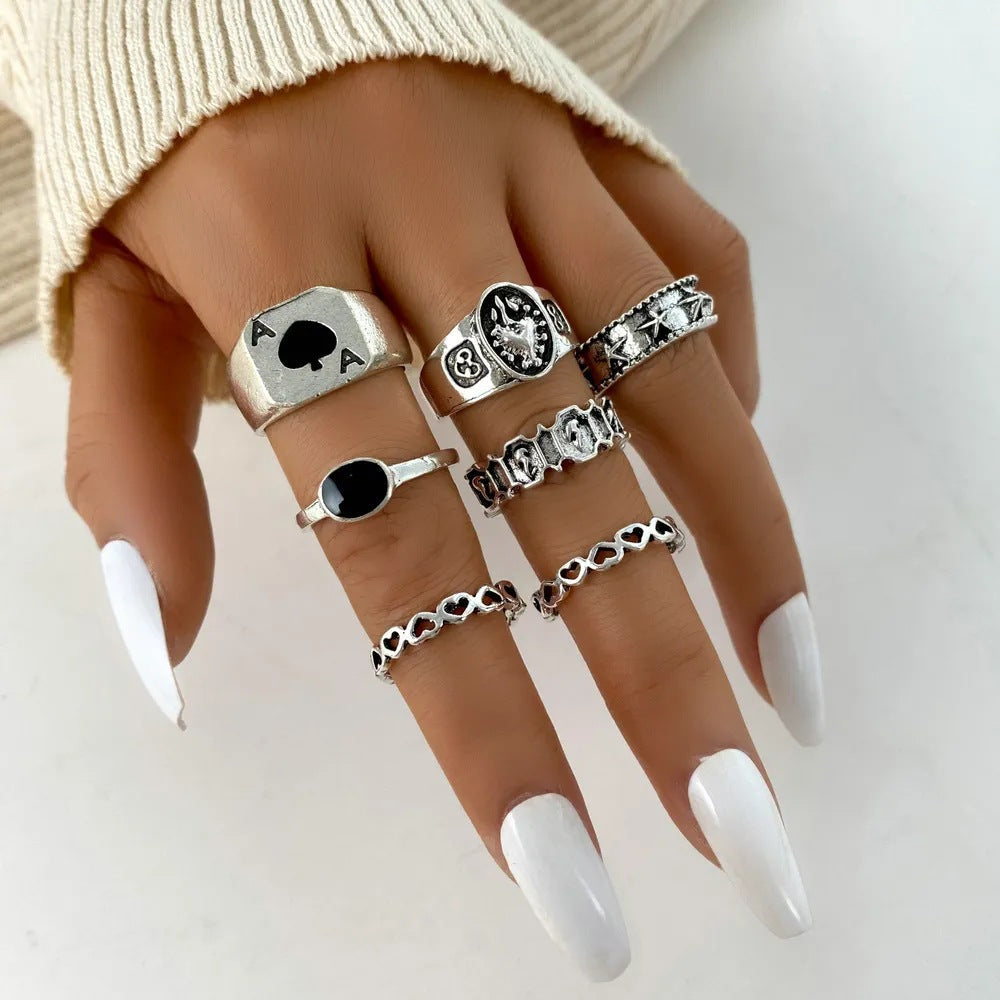 Alloy Chain Vintage Crying Face Poker Hollow Love Ring