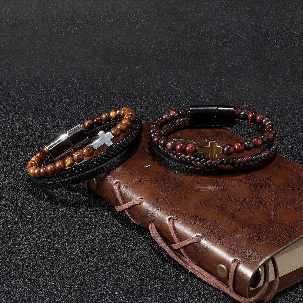 Men's Natural Tigereye Beaded Cross Woven Leather Bracelets