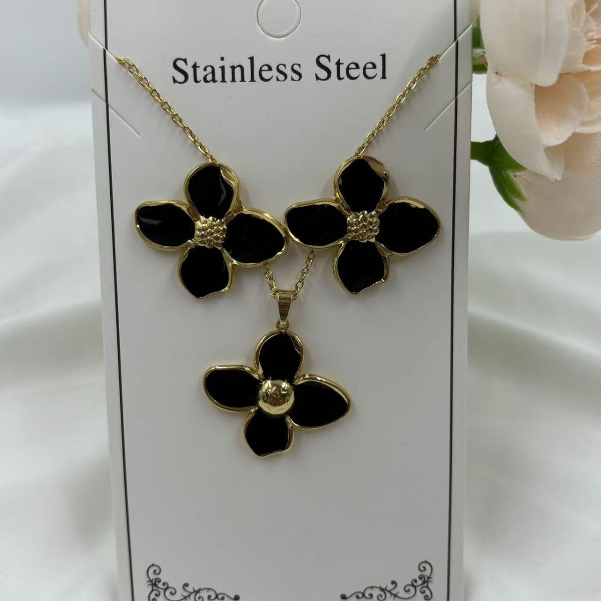 Women's Oil Dripping Petals Stainless Steel Gold Plating Elegant Jewelry Set
