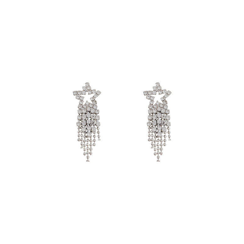 Women's Diamond Pentagram Long Fringe Super Shiny Temperament Personalized Stud Earrings