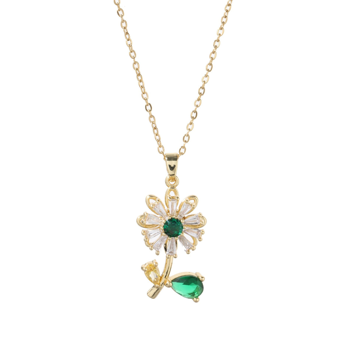 Women's Fashion Zircon Rotatable Emerald Sunflower Design Necklace
