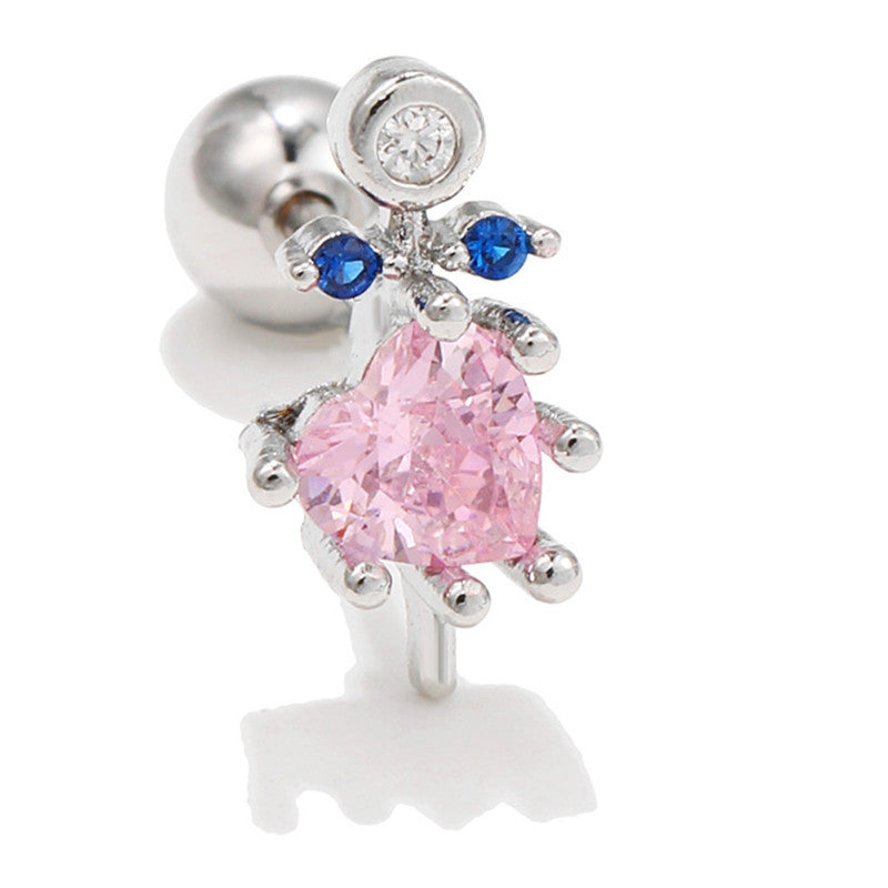 Flower Ear Pink Zircon Sweet Loving Heart Bone Inner Screw Earrings