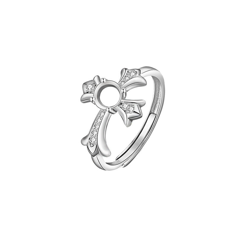 Sterling Sier Frame Round Adjustable Mouth Cross Diamond Claw Inlaid Ring