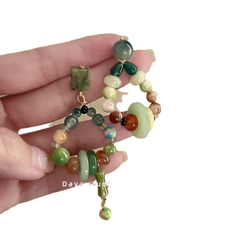 Women's Mixed Green Beaded Water Drop High Sense Niche Temperament Chinese Rings