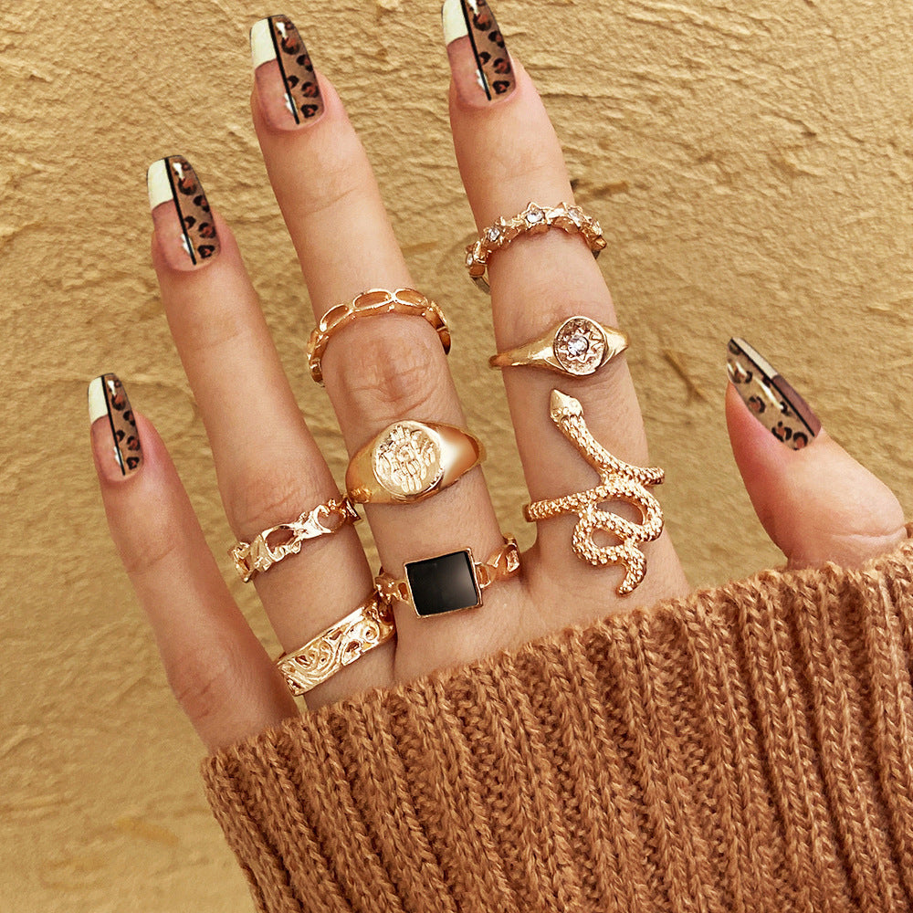 Alloy Chain Vintage Crying Face Poker Hollow Love Ring