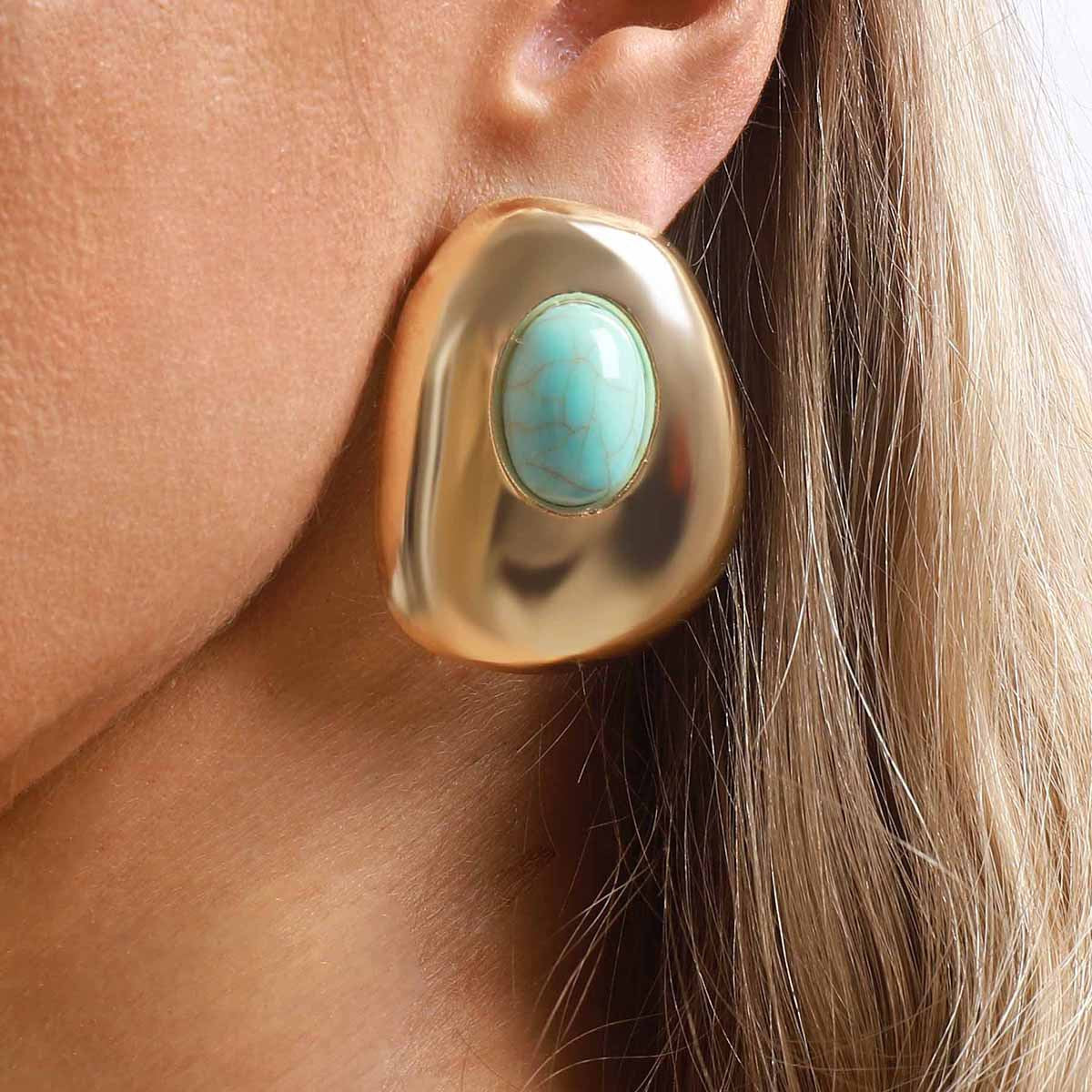 Retro Minority High-grade Inlaid Turquoise Ear Light Luxury Geometric Irregular Earrings
