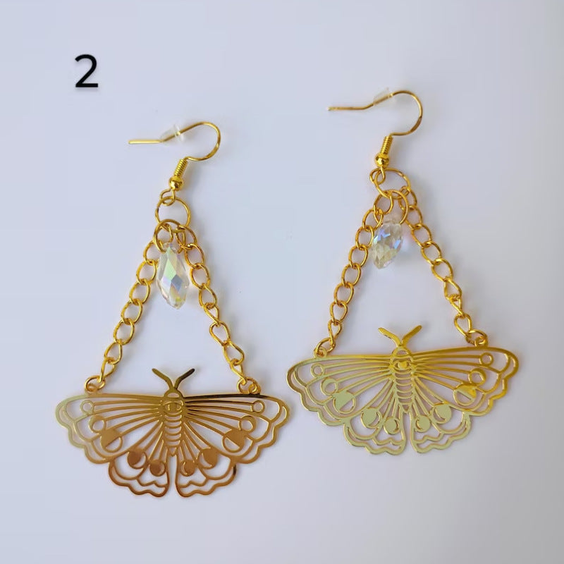 Gold Moth With Chain Drop-shaped Beads Full Of Fantasy Starry Earrings