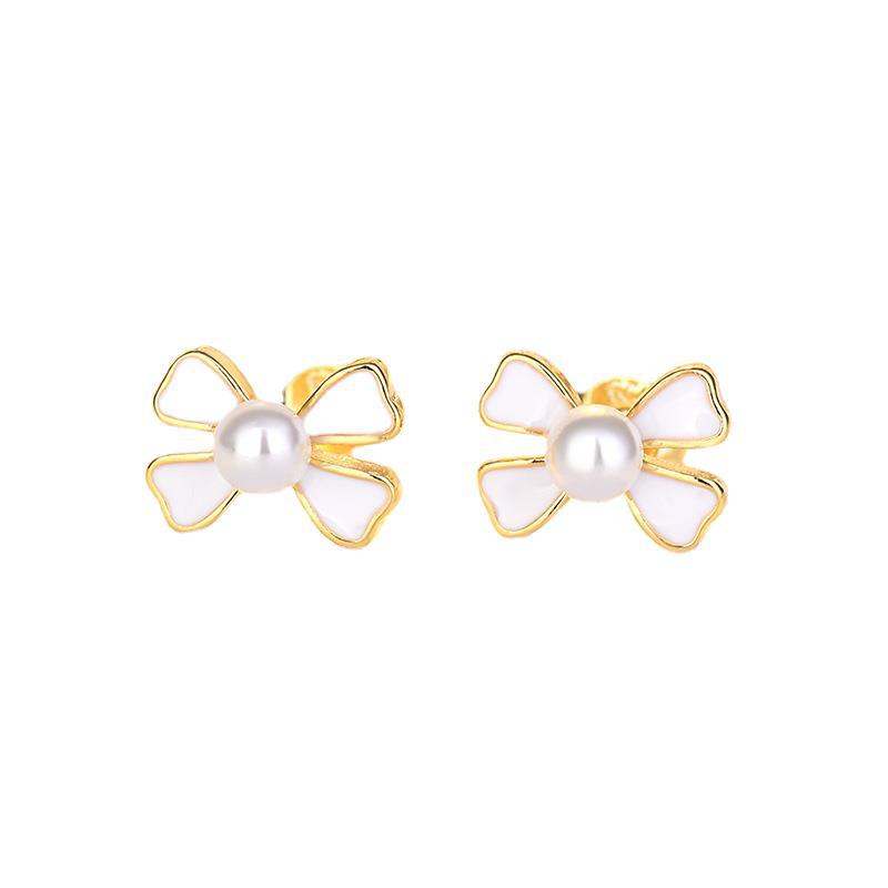 Sterling Sier Needle Heart Petite Simple Love Bow Tie Pearl Stud Earrings