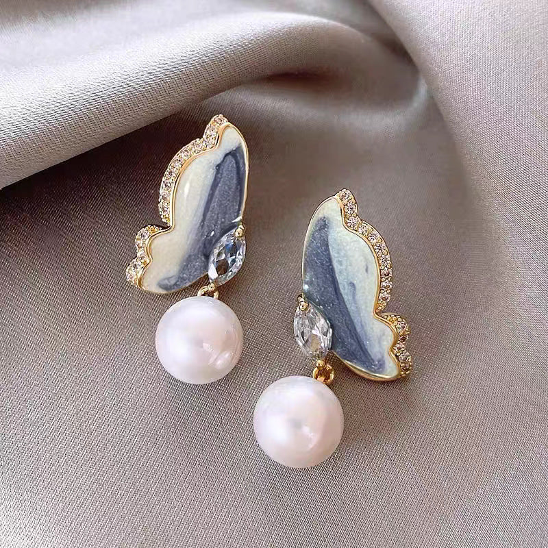 Pearl Dripping Oil Gradient Butterfly Female Fashion Earrings