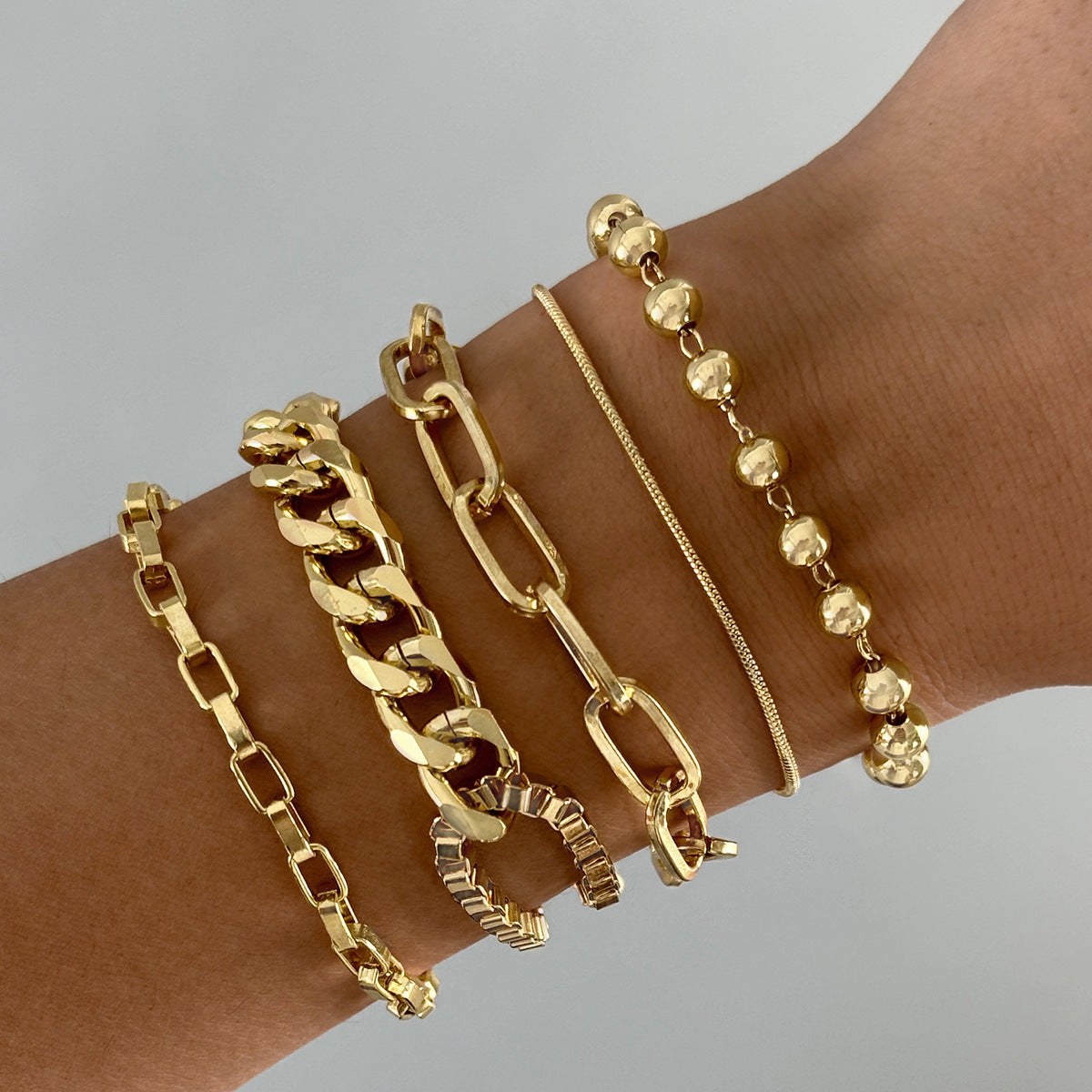 Wide Simple Geometric Open Round Beads Gold Bracelet