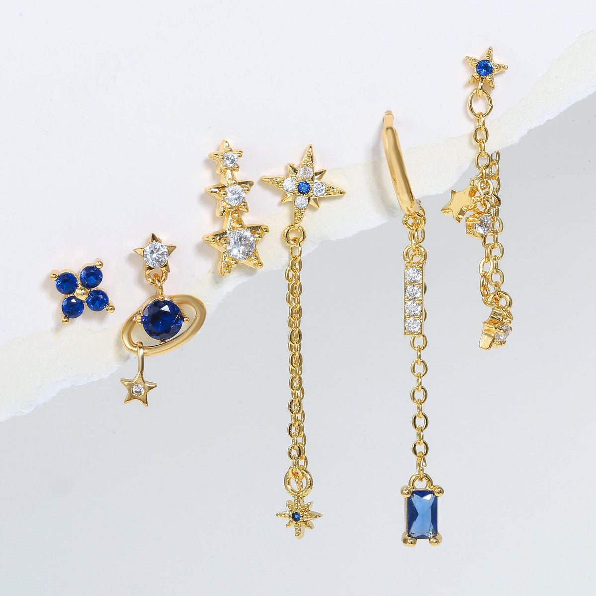 Stacking 6 Pieces Planet and Long Tassel Earring Set with Micro-Pavé Dazzling Zircons, 18k Gold Plated Ear Studs & Ear Drops, Stacked Lobe Design