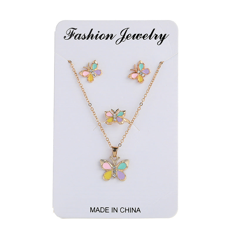Children's Alloy Dripping Oil Cartoon Butterfly Love Jewelry Set