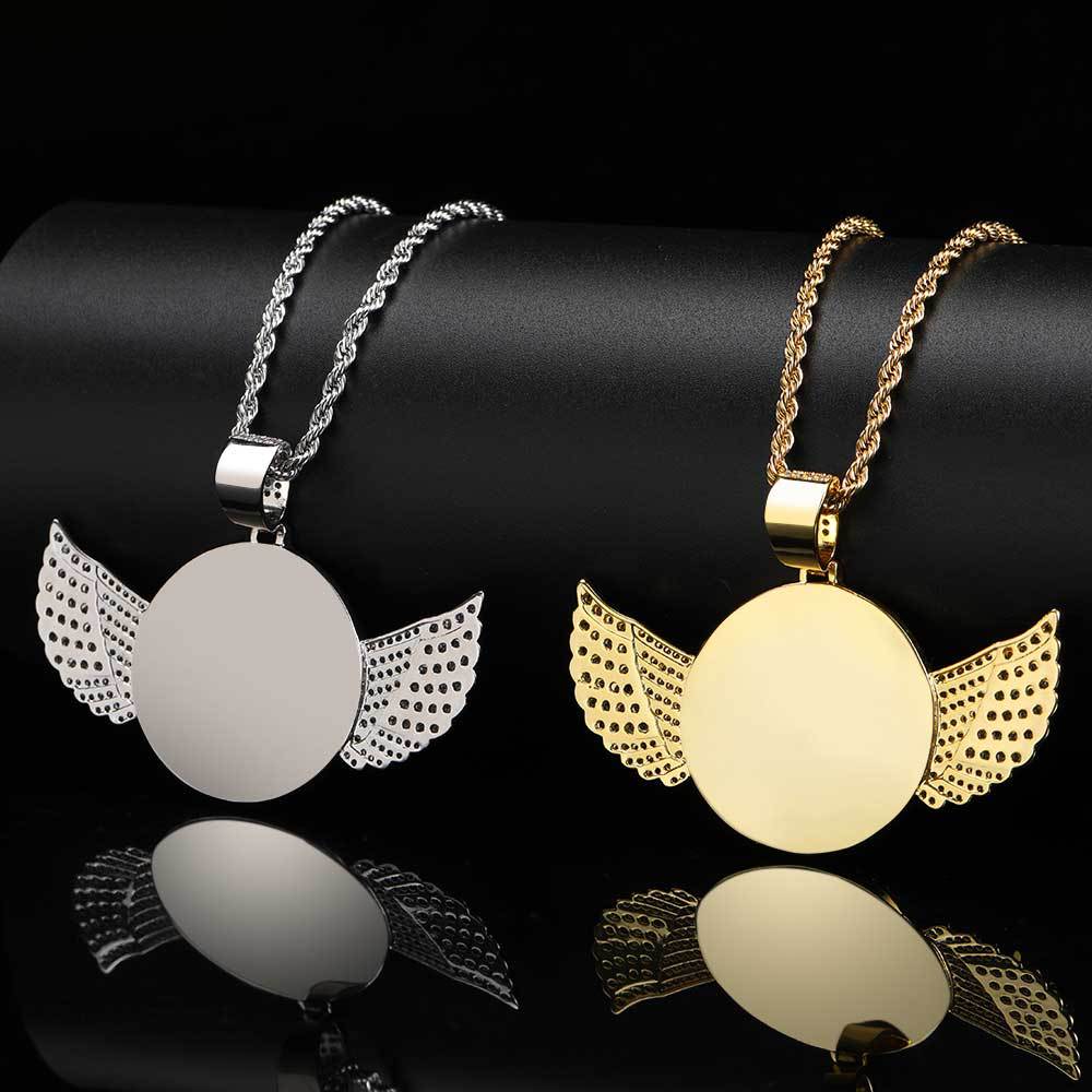 Angel Wing Photo Pendant Necklace with Cubic Zirconia in Brass – Round DIY Frame for Personalized Keepsakes