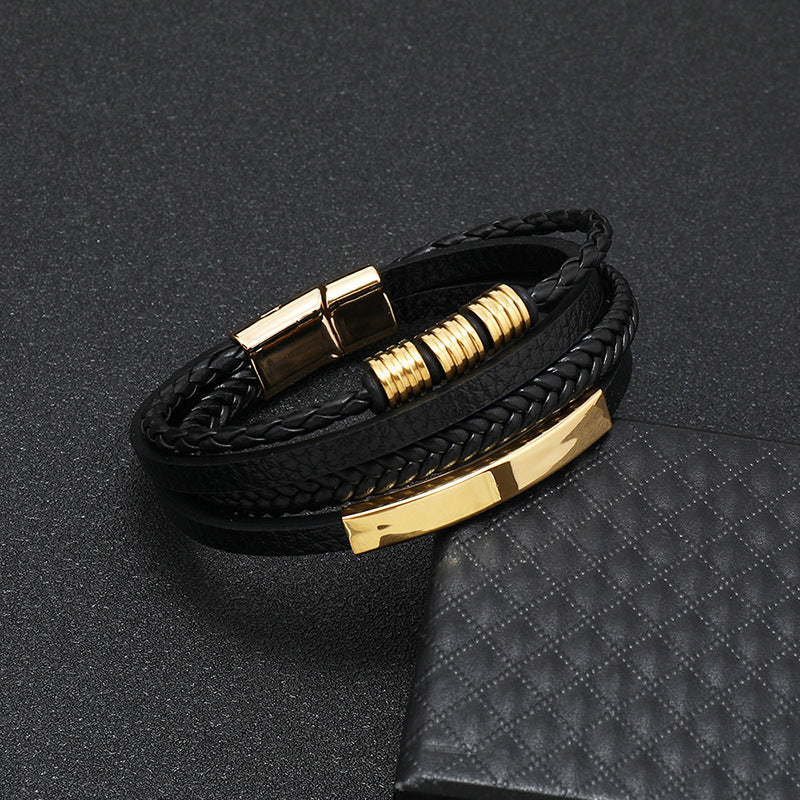 Men's Leather Woven String Stainless Steel Personality Bracelet