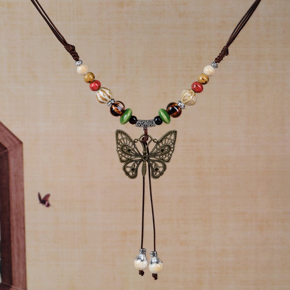 Women's Retro Ethnic Style Ceramic Butterfly Bell Fashionable Necklace