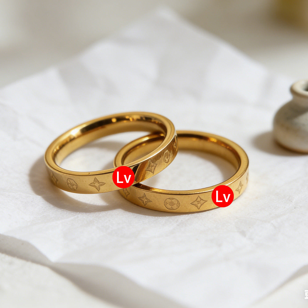 Stainless Steel Female Style Personality Roman Numerals Golden Smooth Rings