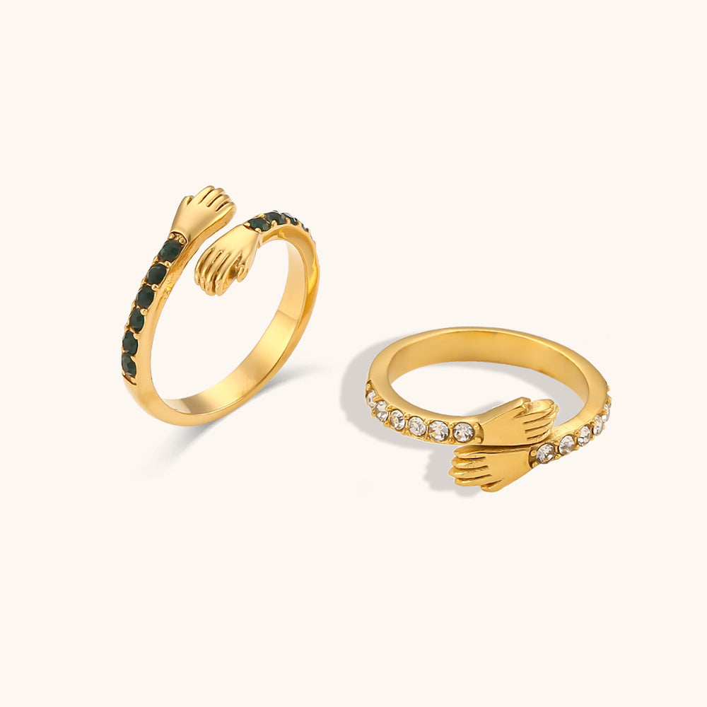 Women's Hands Hugging Zircon Adjustable Stainless Steel Gold Rings