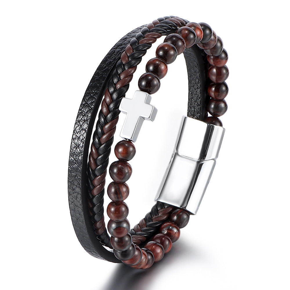 Men's Natural Tigereye Beaded Cross Woven Leather Bracelets