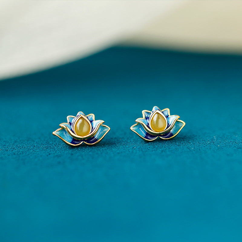 Women's Imitation Jade Lotus Ear Chinese Style Retro Niche Stud Earrings