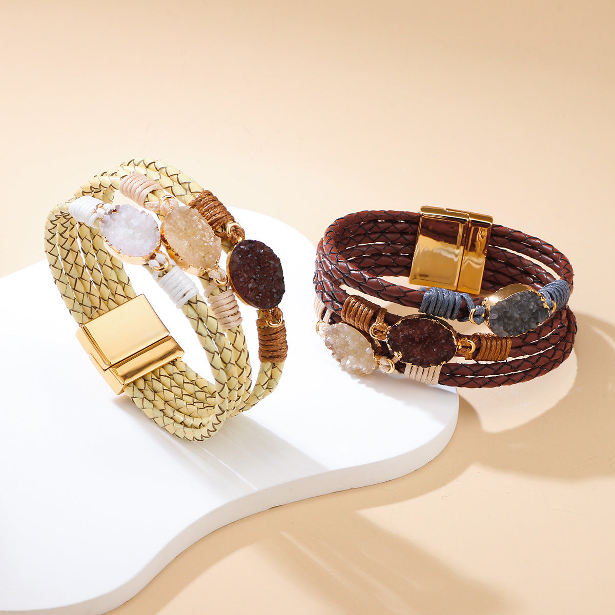 Women's & Men's High-grade Crystal Leather Hand Weaving Magnetic Bracelet