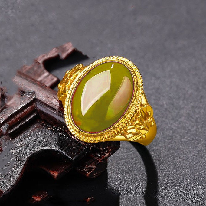 Gold Inlaid Natural Agate Jade Green Chalcedony Retro Fashion With Rings