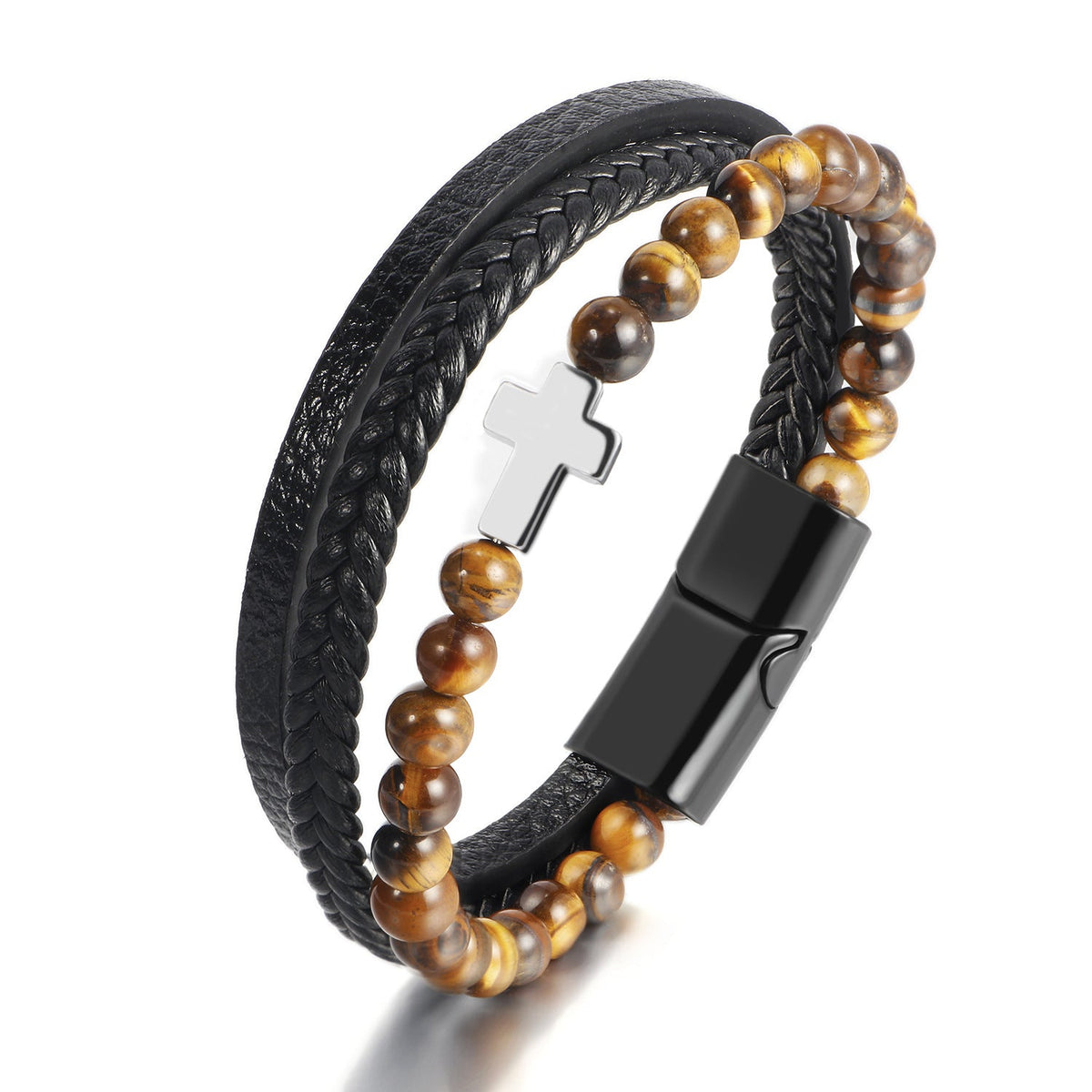 Men's Natural Tigereye Beaded Cross Woven Leather Bracelets