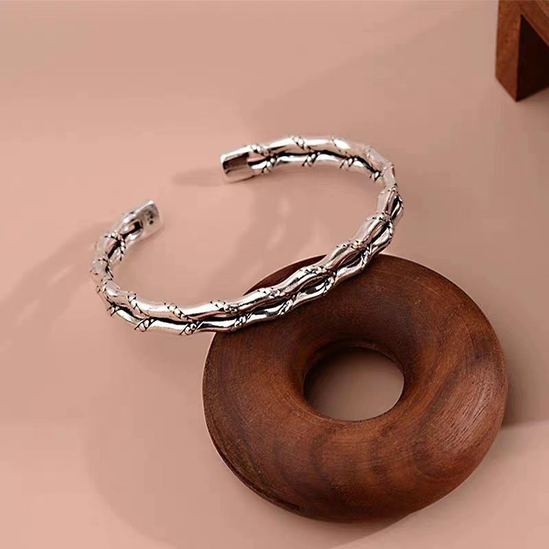 Men's Thailand Hand-woven Bamboo Personality Vintage Thai Sier Opening Bracelet