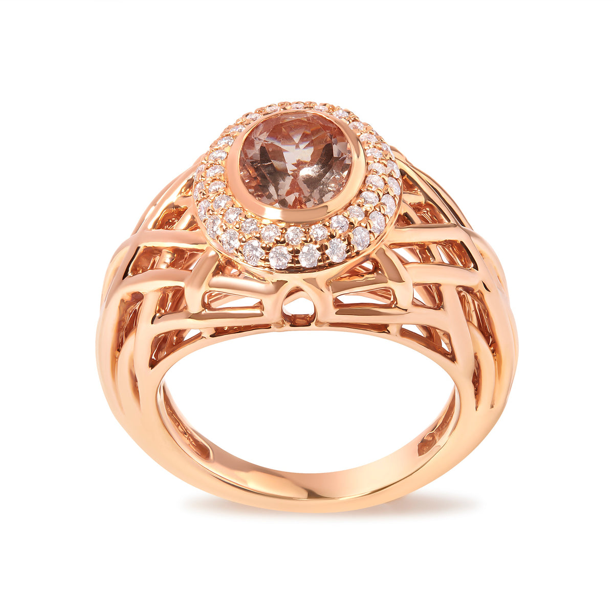 14K Rose Gold Oval Morganite and 3/8 Cttw Diamond Halo Basket Weave Cocktail Ring Size 7